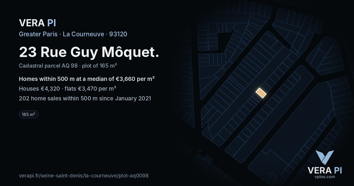 23 Rue Guy Môquet, La Courneuve at night – the plot lit, the parcels around coloured by the prices near them
