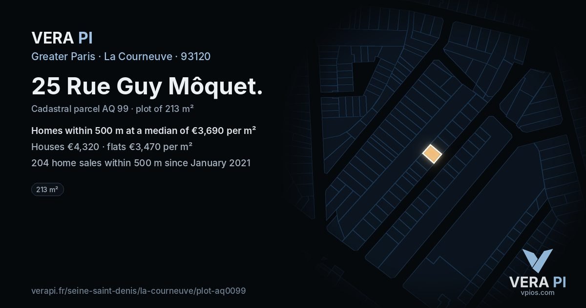 25 Rue Guy Môquet, La Courneuve at night – the plot lit, the parcels around coloured by the prices near them