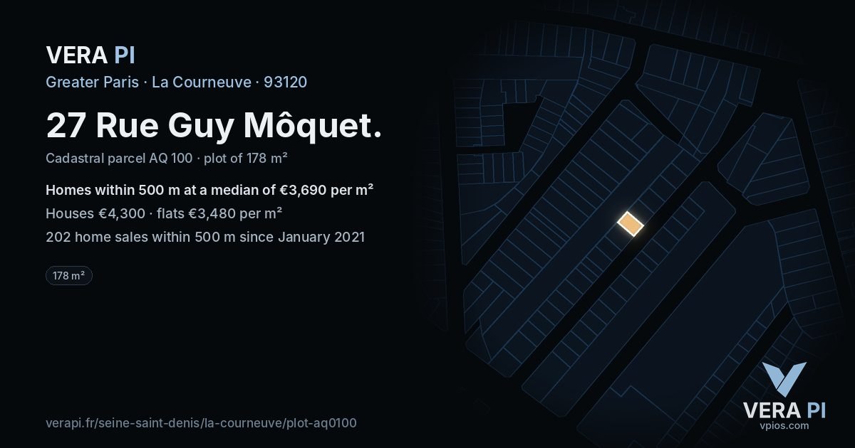 27 Rue Guy Môquet, La Courneuve at night – the plot lit, the parcels around coloured by the prices near them