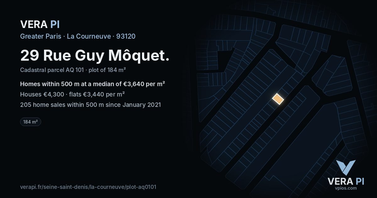 29 Rue Guy Môquet, La Courneuve at night – the plot lit, the parcels around coloured by the prices near them