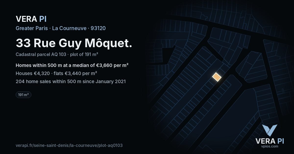 33 Rue Guy Môquet, La Courneuve at night – the plot lit, the parcels around coloured by the prices near them