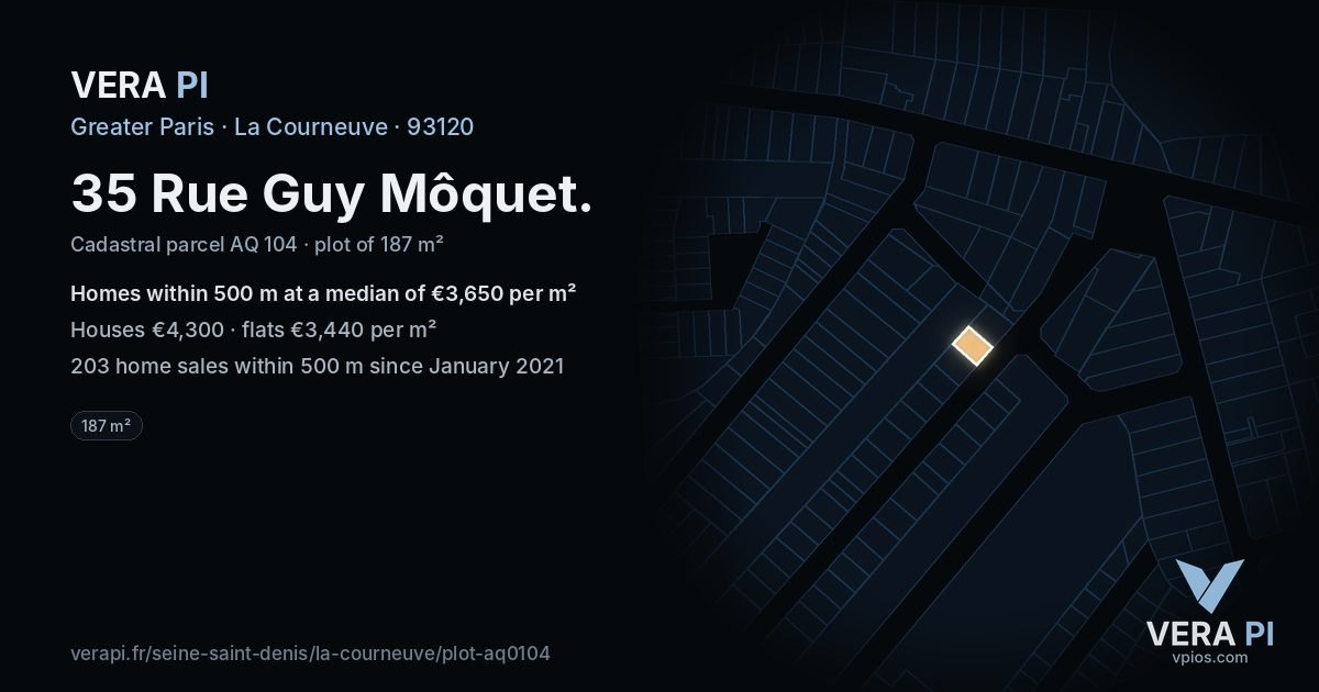 35 Rue Guy Môquet, La Courneuve at night – the plot lit, the parcels around coloured by the prices near them
