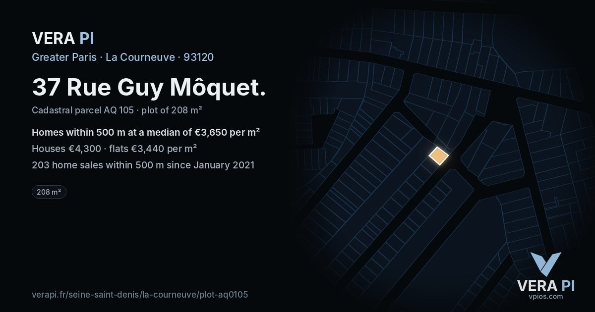 37 Rue Guy Môquet, La Courneuve at night – the plot lit, the parcels around coloured by the prices near them
