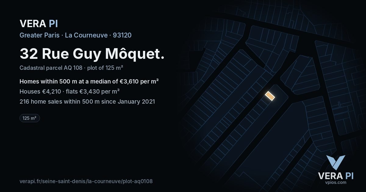 32 Rue Guy Môquet, La Courneuve at night – the plot lit, the parcels around coloured by the prices near them