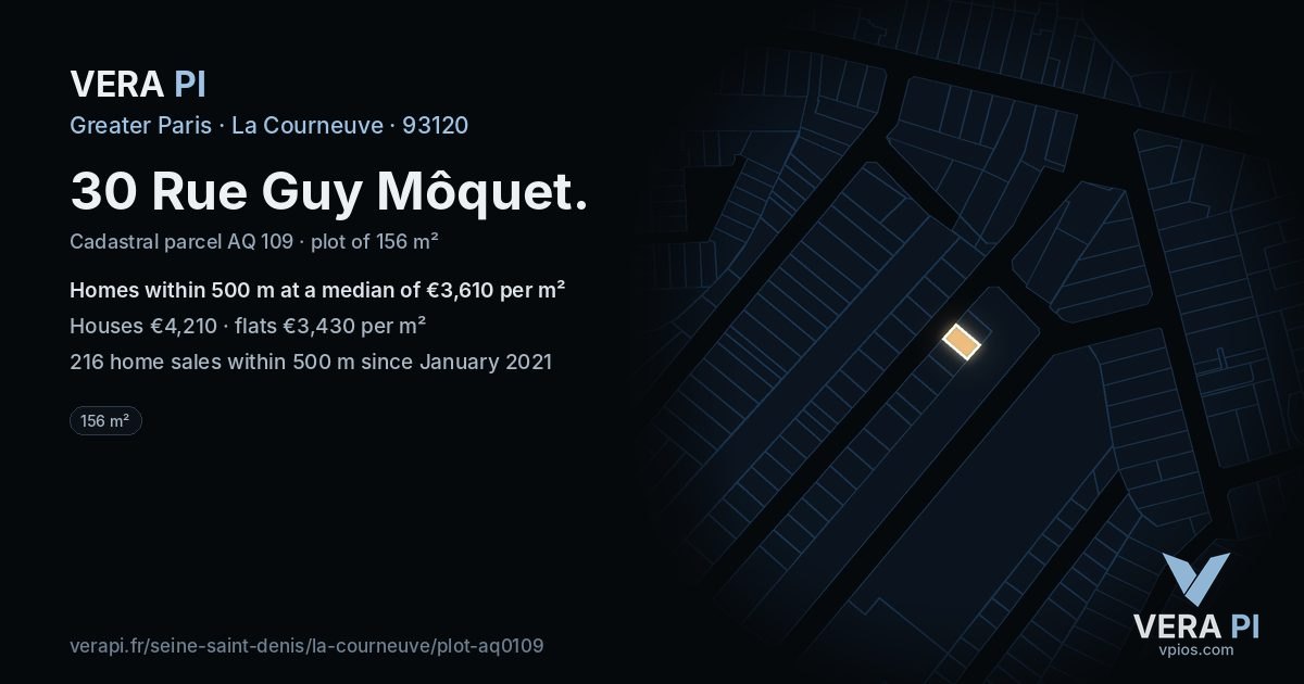 30 Rue Guy Môquet, La Courneuve at night – the plot lit, the parcels around coloured by the prices near them