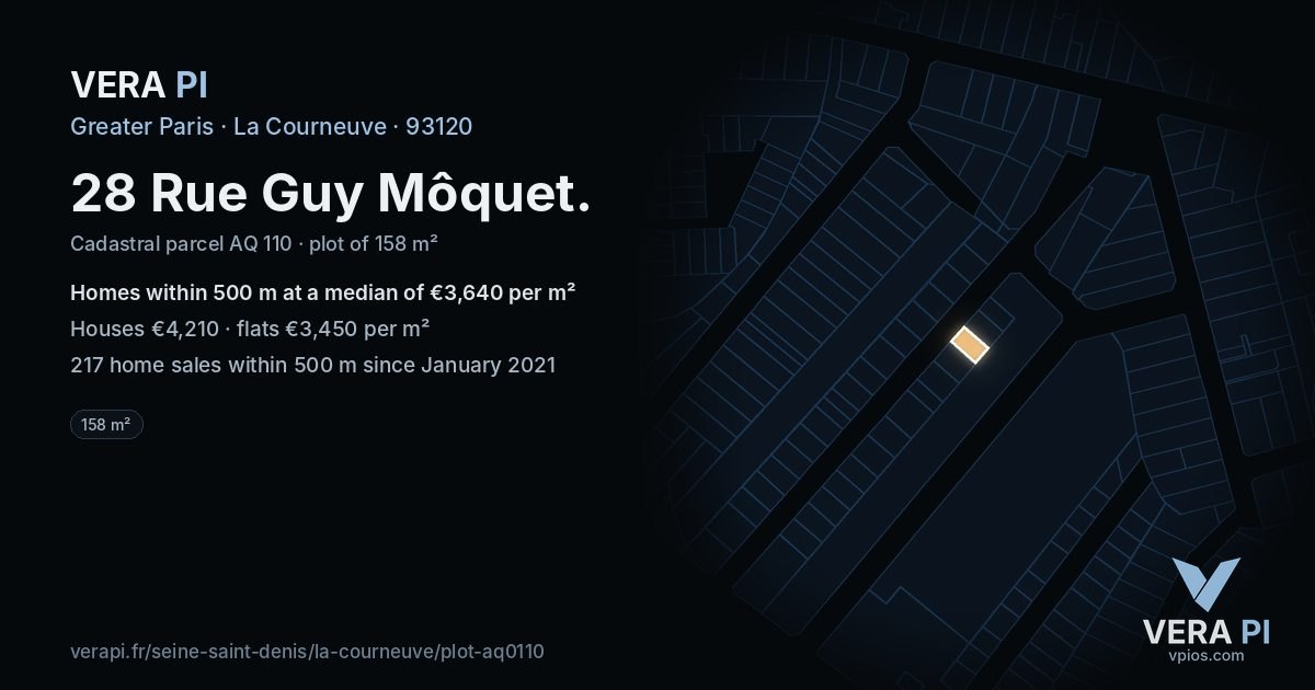 28 Rue Guy Môquet, La Courneuve at night – the plot lit, the parcels around coloured by the prices near them