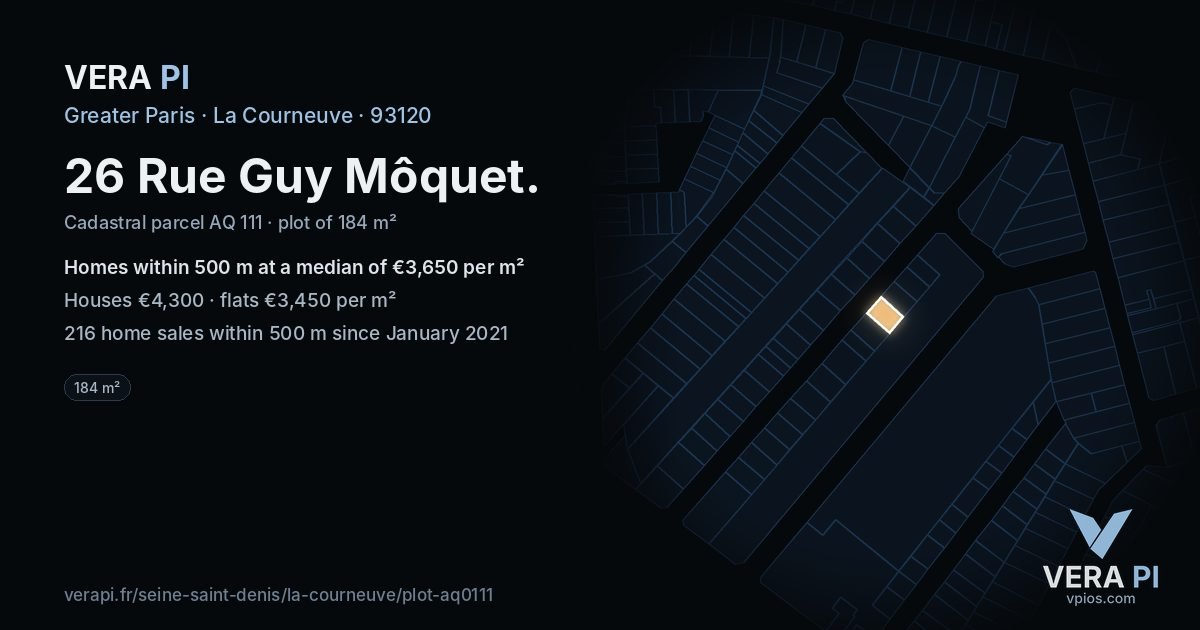 26 Rue Guy Môquet, La Courneuve at night – the plot lit, the parcels around coloured by the prices near them