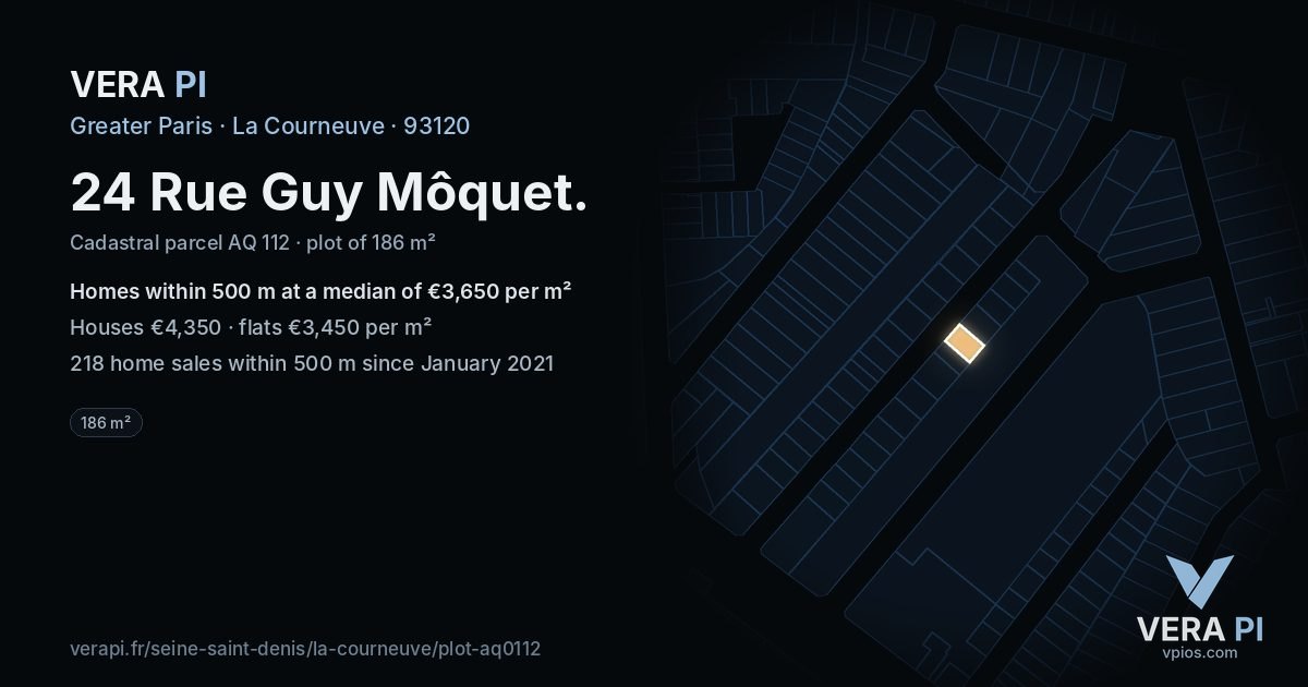 24 Rue Guy Môquet, La Courneuve at night – the plot lit, the parcels around coloured by the prices near them