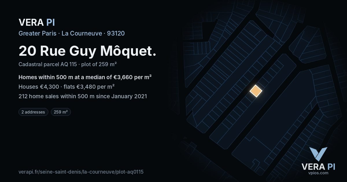 20 Rue Guy Môquet, La Courneuve at night – the plot lit, the parcels around coloured by the prices near them