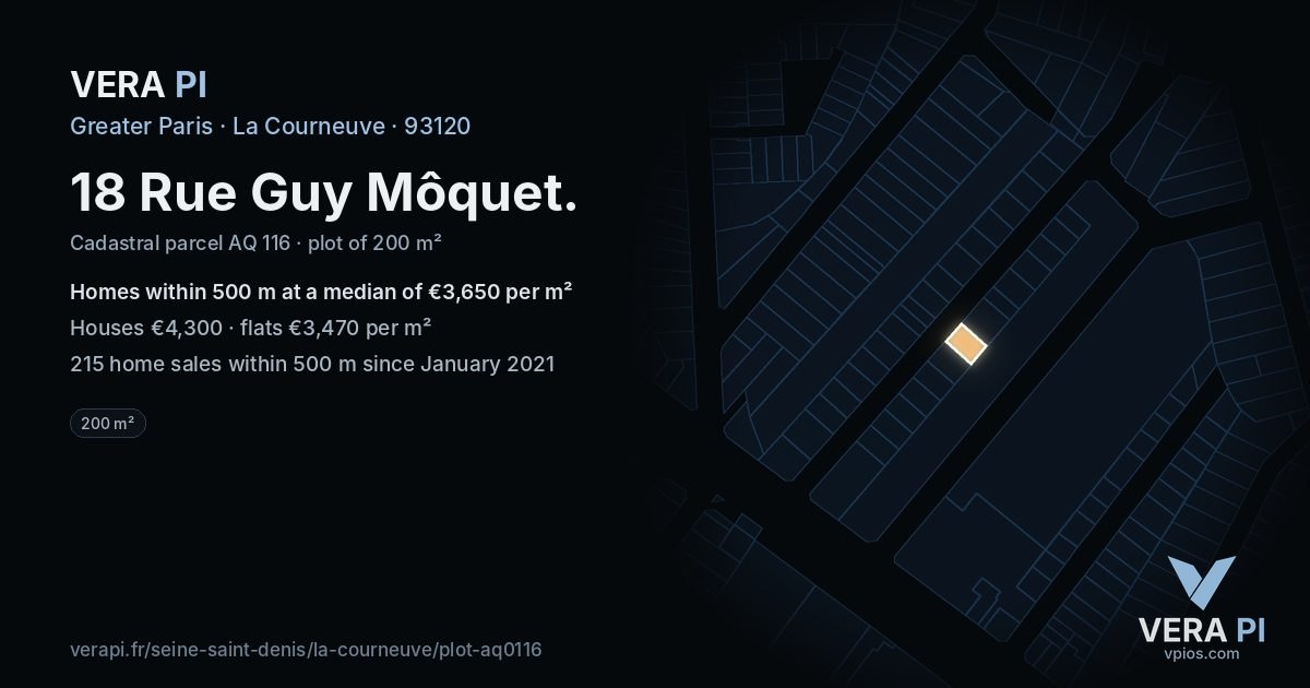 18 Rue Guy Môquet, La Courneuve at night – the plot lit, the parcels around coloured by the prices near them