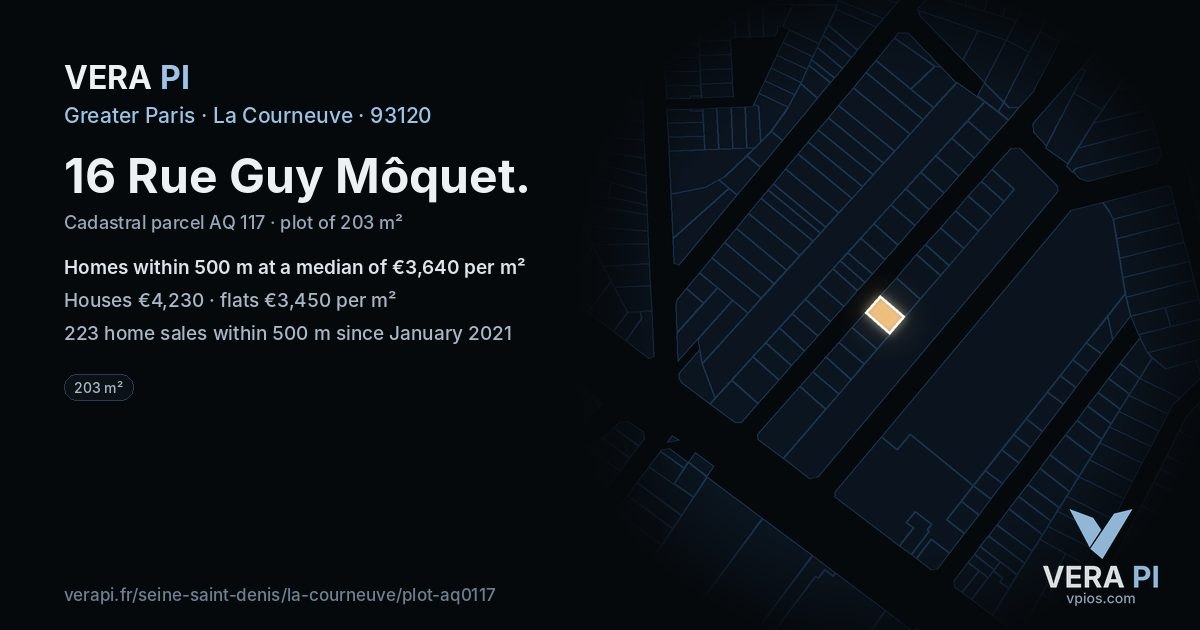 16 Rue Guy Môquet, La Courneuve at night – the plot lit, the parcels around coloured by the prices near them