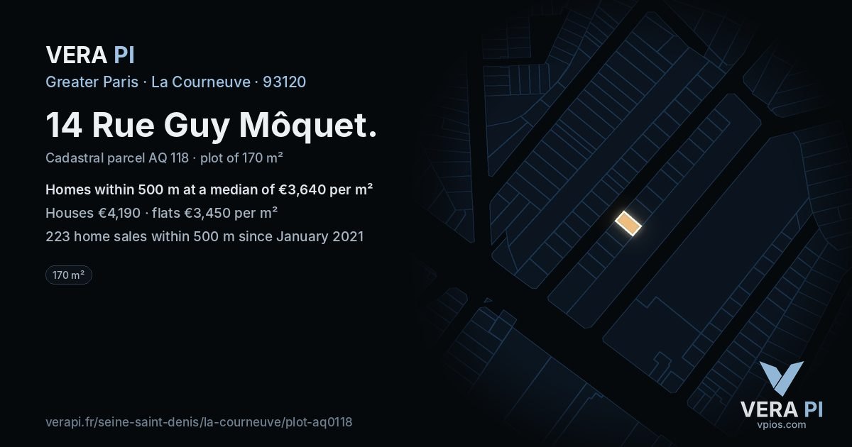 14 Rue Guy Môquet, La Courneuve at night – the plot lit, the parcels around coloured by the prices near them