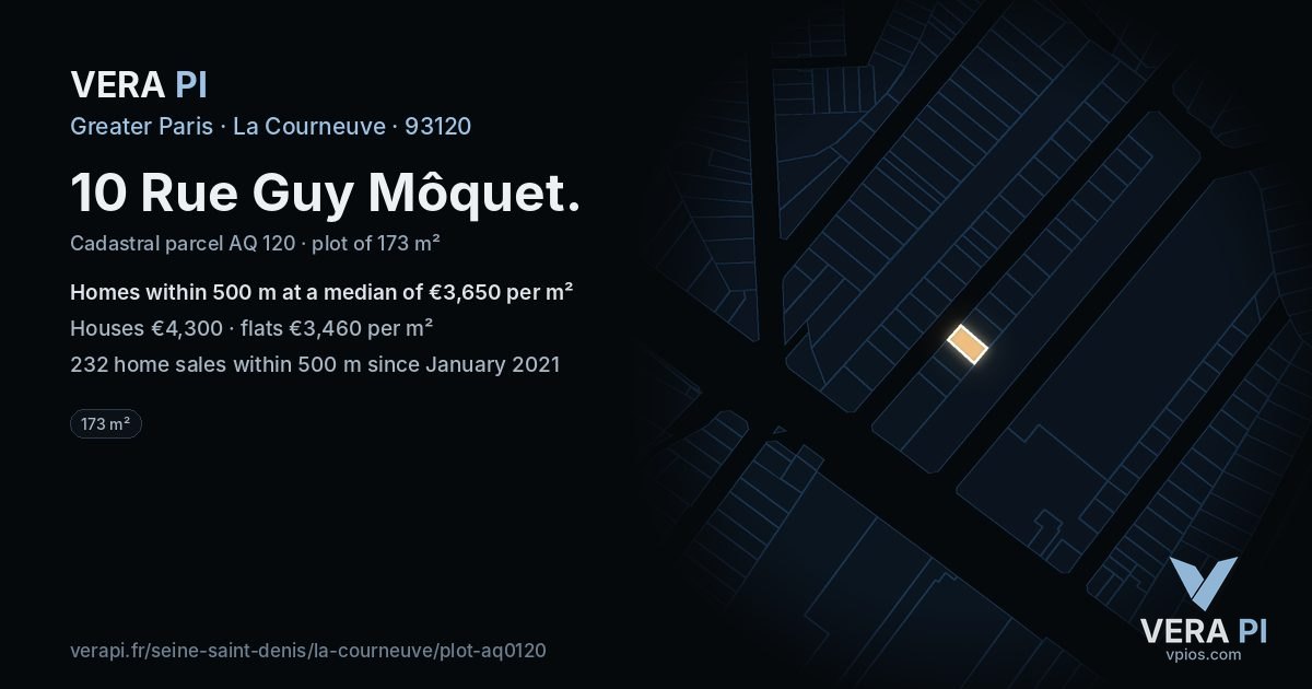 10 Rue Guy Môquet, La Courneuve at night – the plot lit, the parcels around coloured by the prices near them