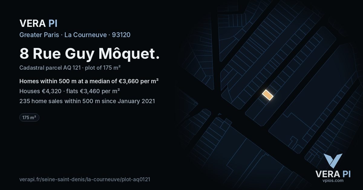 8 Rue Guy Môquet, La Courneuve at night – the plot lit, the parcels around coloured by the prices near them