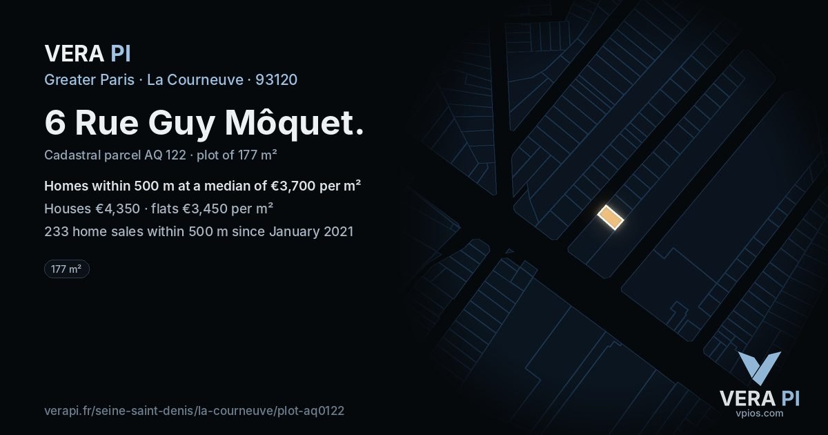 6 Rue Guy Môquet, La Courneuve at night – the plot lit, the parcels around coloured by the prices near them