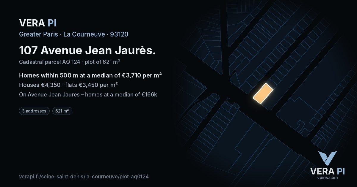 107 Avenue Jean Jaurès, La Courneuve at night – the plot lit, the parcels around coloured by the prices near them