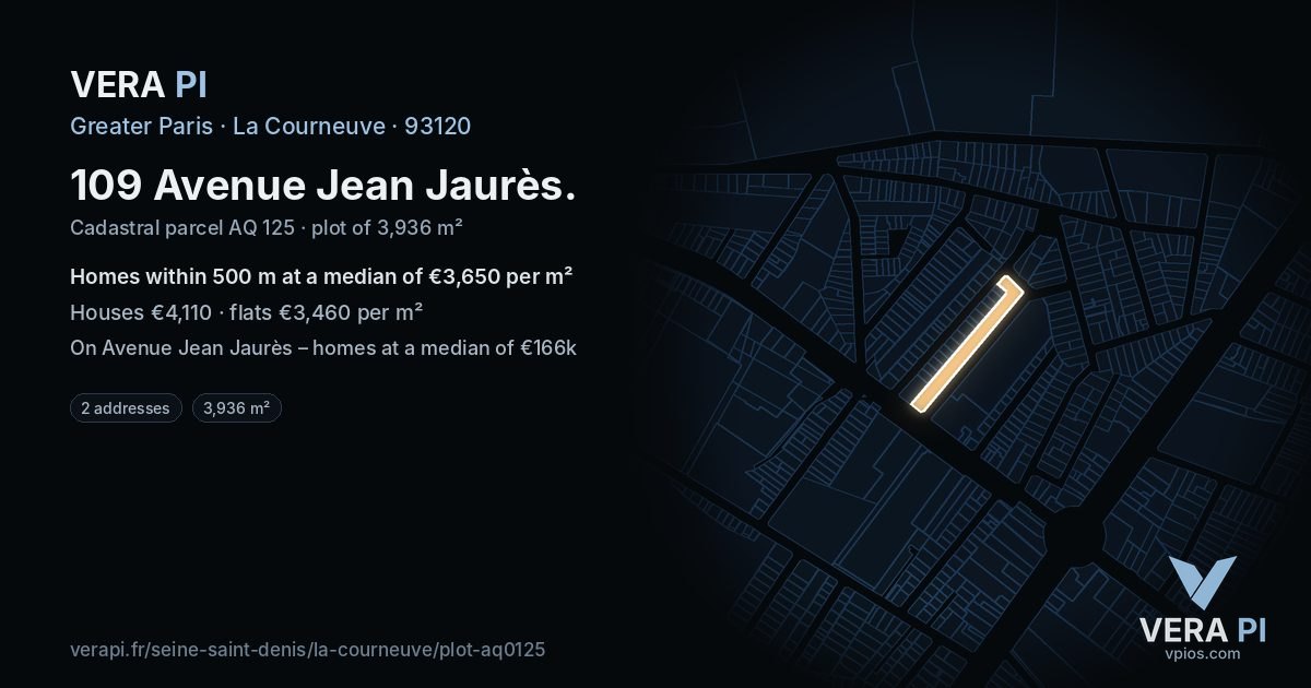 109 Avenue Jean Jaurès, La Courneuve at night – the plot lit, the parcels around coloured by the prices near them