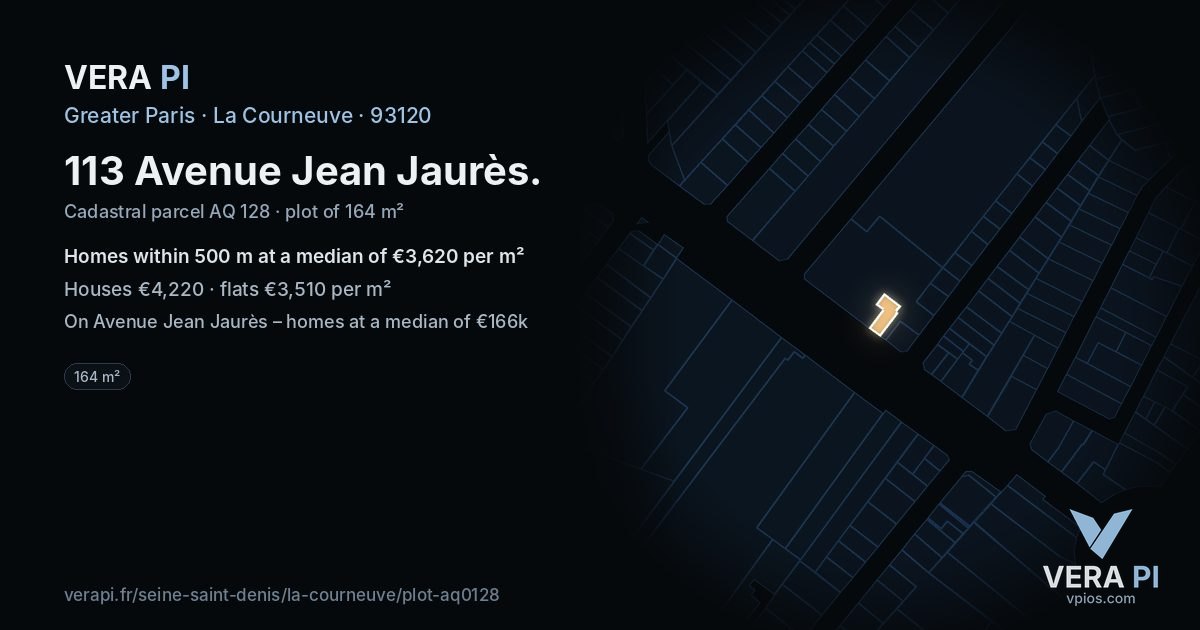 113 Avenue Jean Jaurès, La Courneuve at night – the plot lit, the parcels around coloured by the prices near them
