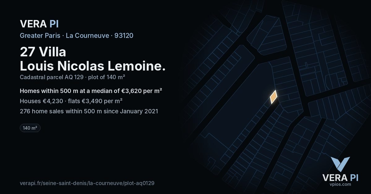27 Villa Louis Nicolas Lemoine, La Courneuve at night – the plot lit, the parcels around coloured by the prices near them
