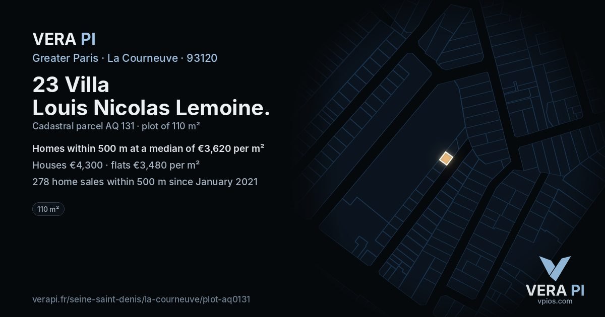 23 Villa Louis Nicolas Lemoine, La Courneuve at night – the plot lit, the parcels around coloured by the prices near them