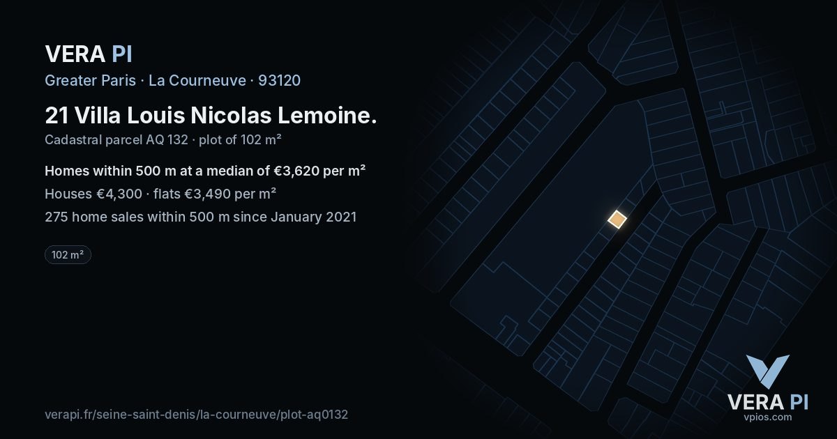 21 Villa Louis Nicolas Lemoine, La Courneuve at night – the plot lit, the parcels around coloured by the prices near them