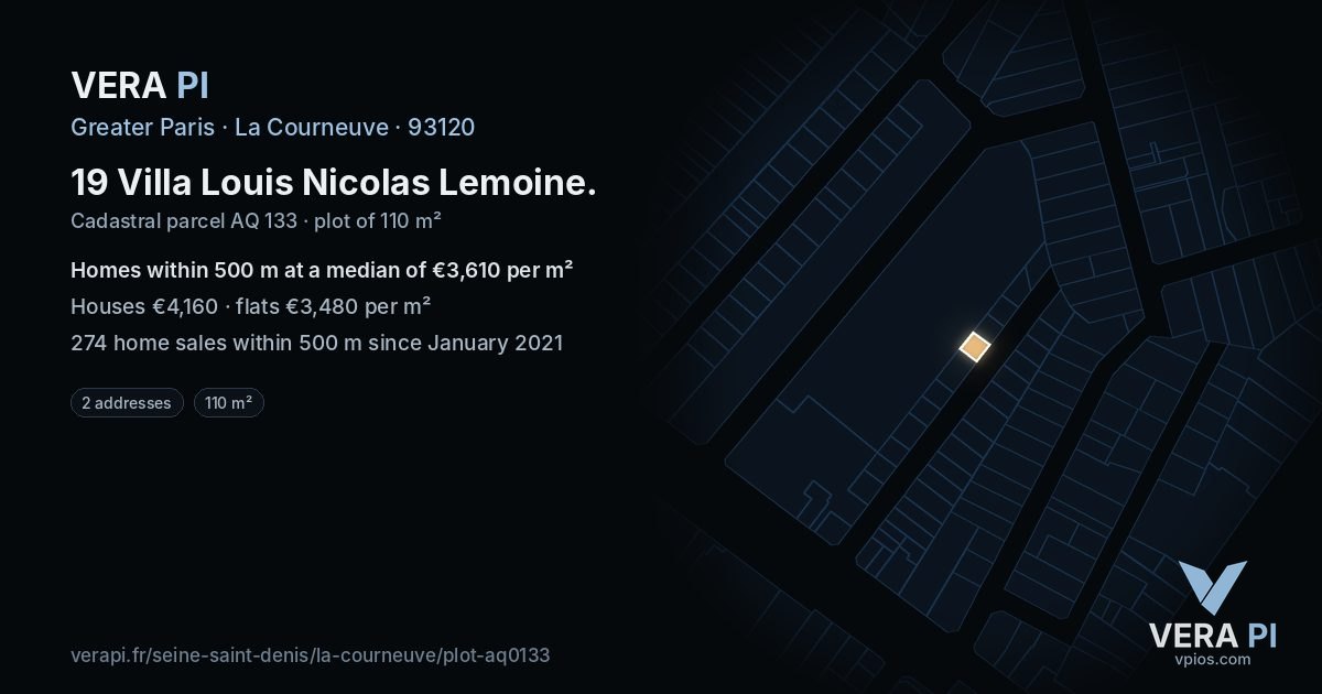 19 Villa Louis Nicolas Lemoine, La Courneuve at night – the plot lit, the parcels around coloured by the prices near them