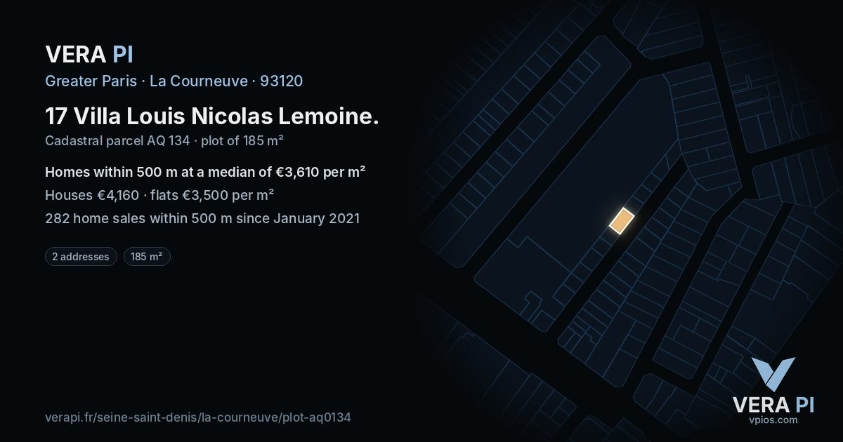 17 Villa Louis Nicolas Lemoine, La Courneuve at night – the plot lit, the parcels around coloured by the prices near them