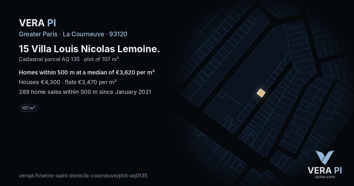 15 Villa Louis Nicolas Lemoine, La Courneuve at night – the plot lit, the parcels around coloured by the prices near them