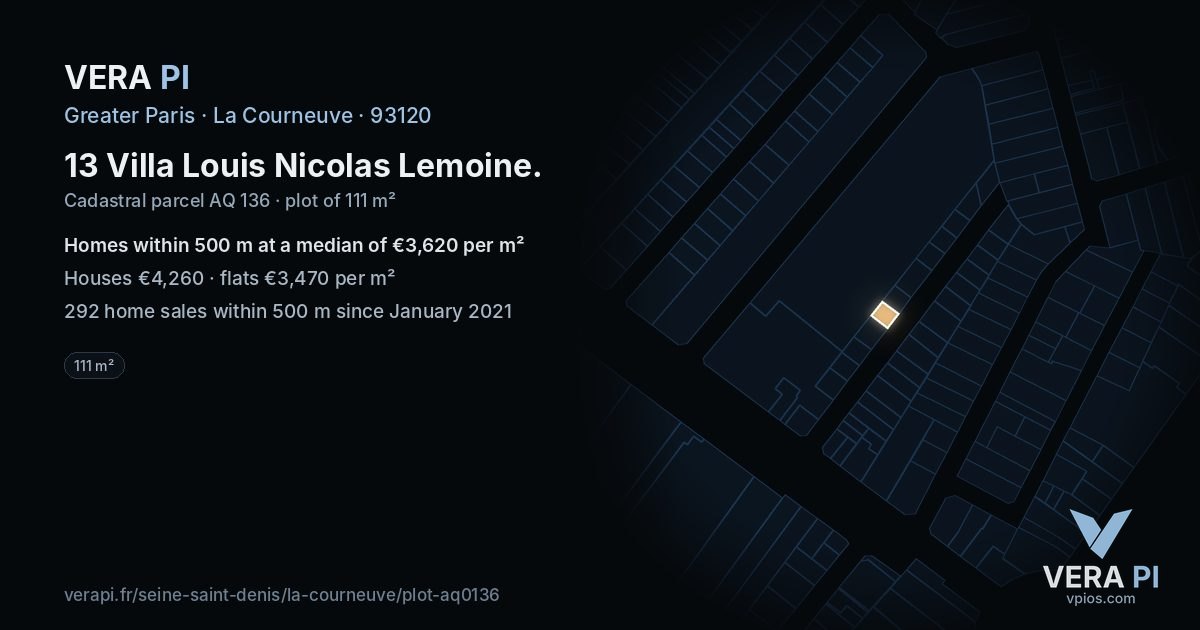 13 Villa Louis Nicolas Lemoine, La Courneuve at night – the plot lit, the parcels around coloured by the prices near them