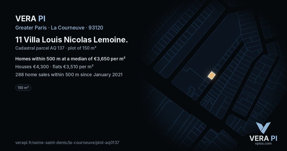 11 Villa Louis Nicolas Lemoine, La Courneuve at night – the plot lit, the parcels around coloured by the prices near them