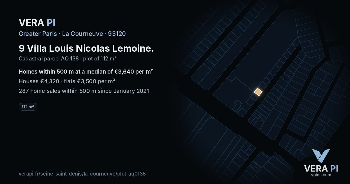 9 Villa Louis Nicolas Lemoine, La Courneuve at night – the plot lit, the parcels around coloured by the prices near them