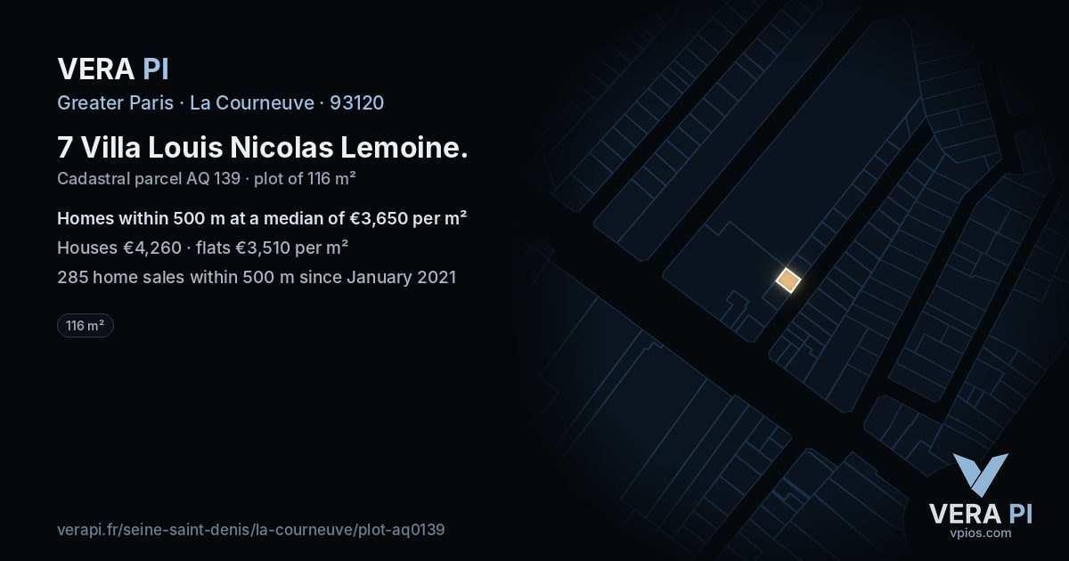 7 Villa Louis Nicolas Lemoine, La Courneuve at night – the plot lit, the parcels around coloured by the prices near them