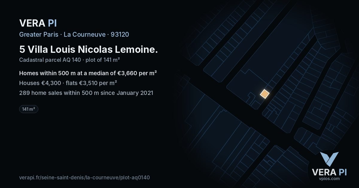 5 Villa Louis Nicolas Lemoine, La Courneuve at night – the plot lit, the parcels around coloured by the prices near them