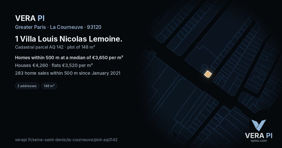 1 Villa Louis Nicolas Lemoine, La Courneuve at night – the plot lit, the parcels around coloured by the prices near them