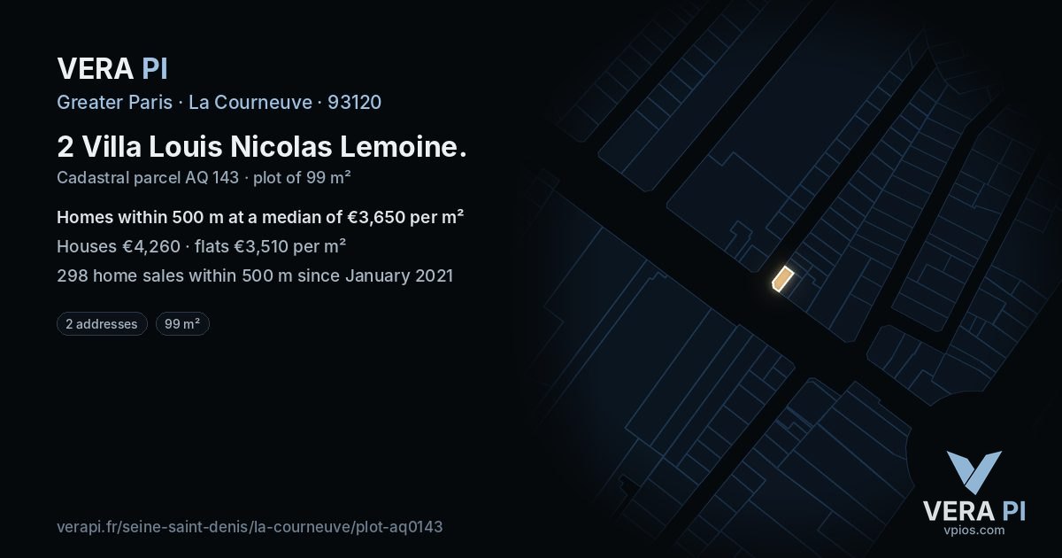 2 Villa Louis Nicolas Lemoine, La Courneuve at night – the plot lit, the parcels around coloured by the prices near them
