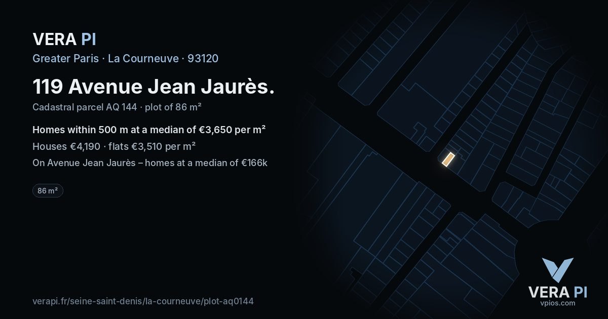 119 Avenue Jean Jaurès, La Courneuve at night – the plot lit, the parcels around coloured by the prices near them