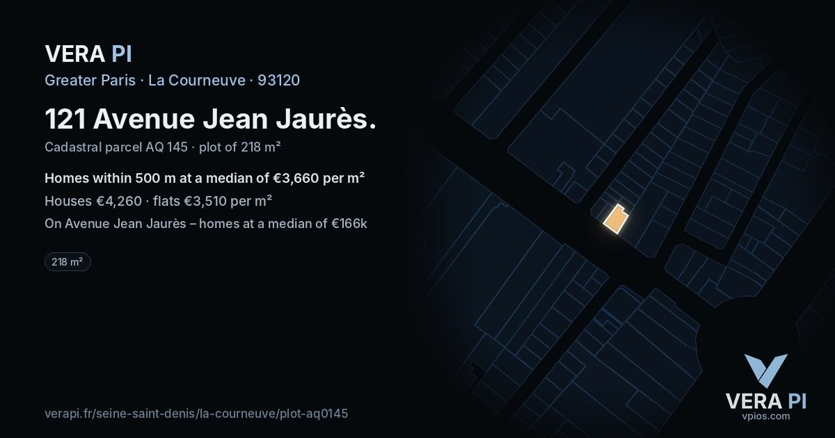 121 Avenue Jean Jaurès, La Courneuve at night – the plot lit, the parcels around coloured by the prices near them