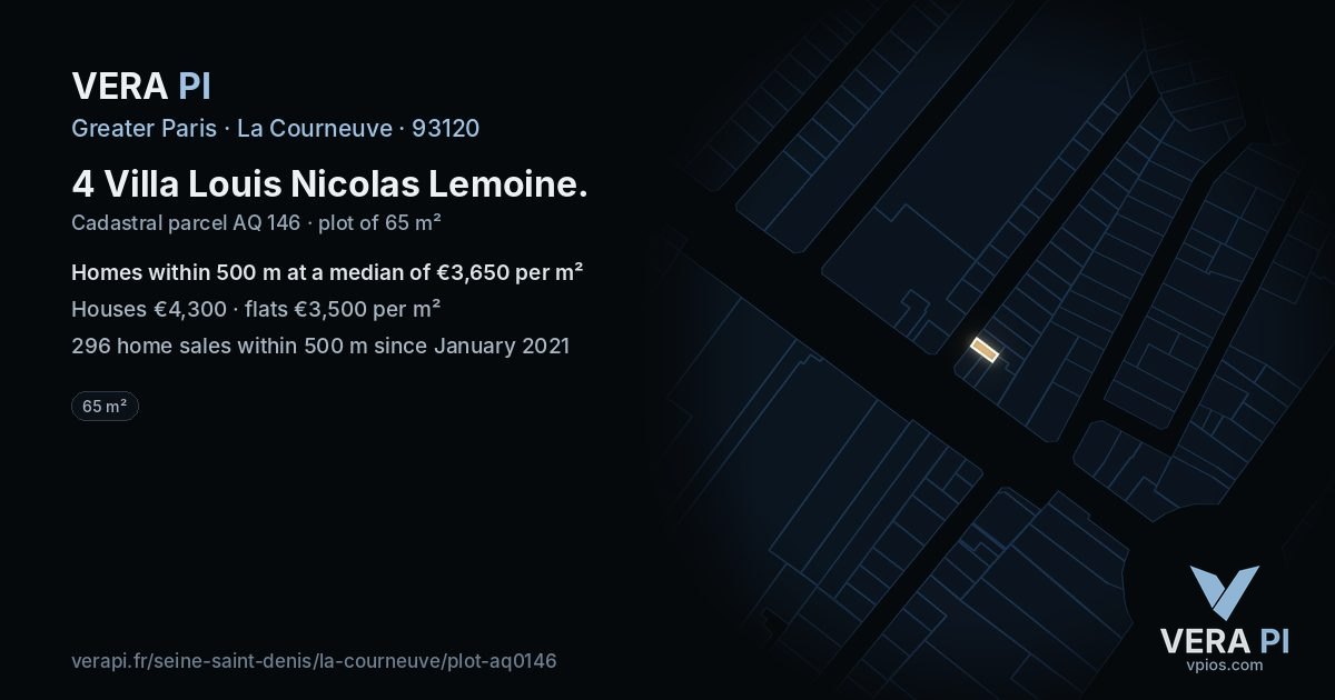 4 Villa Louis Nicolas Lemoine, La Courneuve at night – the plot lit, the parcels around coloured by the prices near them