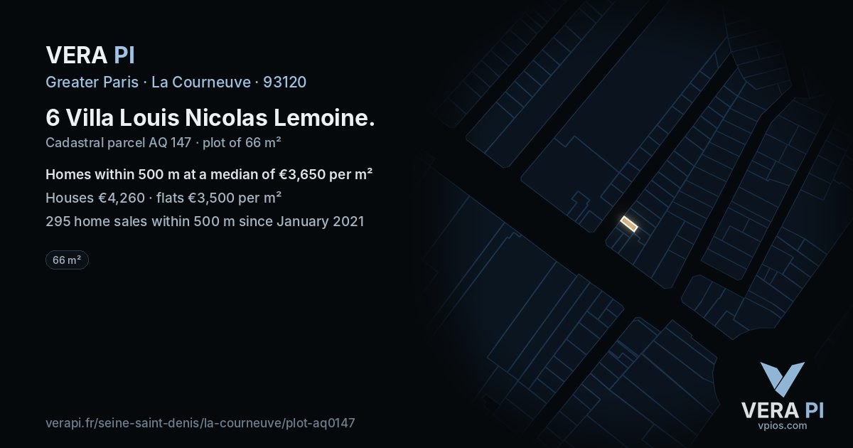 6 Villa Louis Nicolas Lemoine, La Courneuve at night – the plot lit, the parcels around coloured by the prices near them