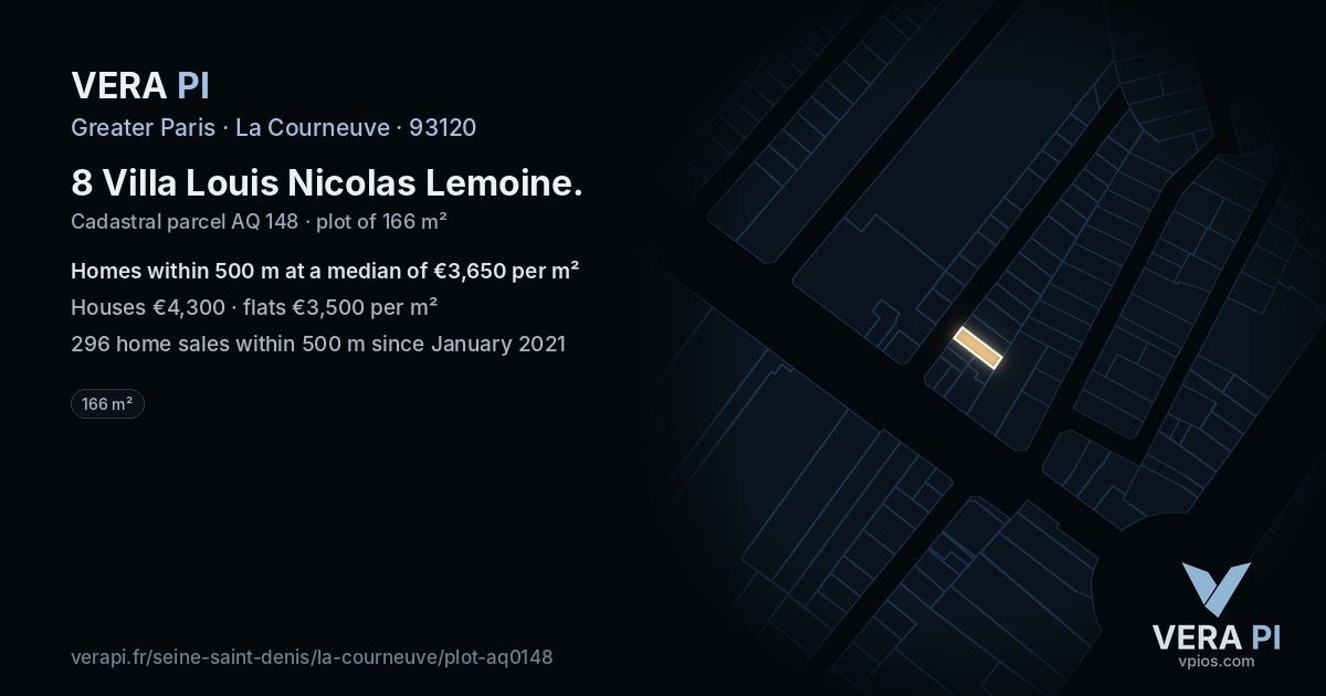 8 Villa Louis Nicolas Lemoine, La Courneuve at night – the plot lit, the parcels around coloured by the prices near them