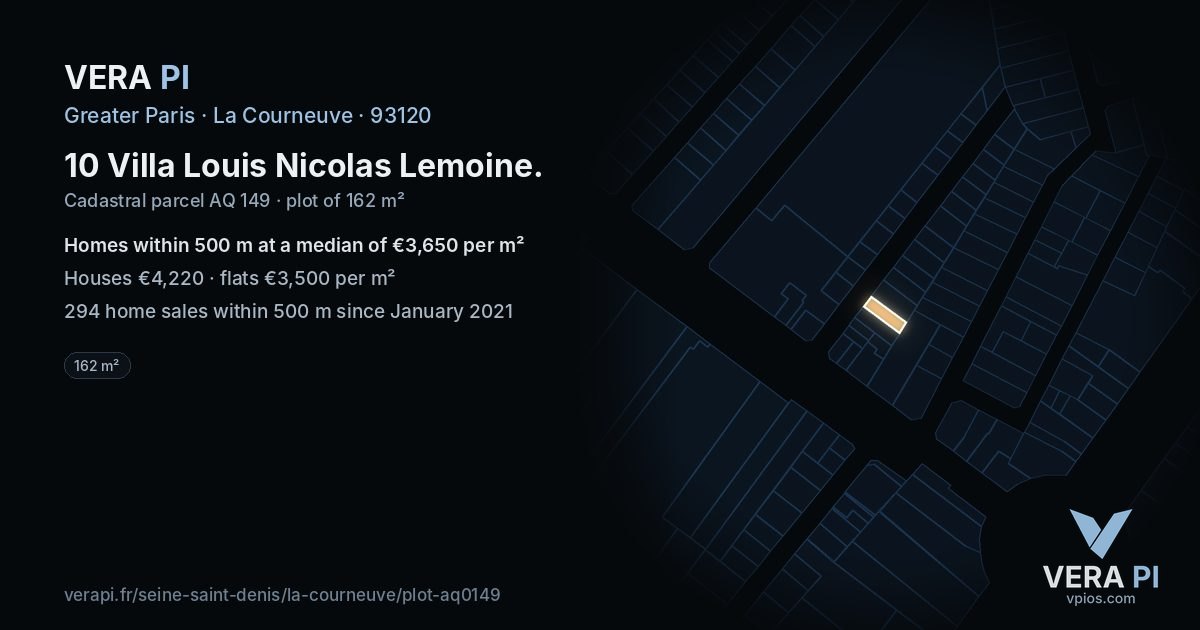 10 Villa Louis Nicolas Lemoine, La Courneuve at night – the plot lit, the parcels around coloured by the prices near them