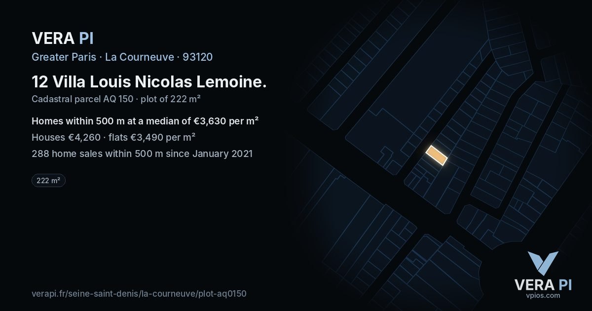 12 Villa Louis Nicolas Lemoine, La Courneuve at night – the plot lit, the parcels around coloured by the prices near them