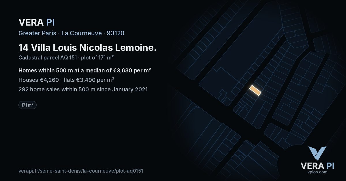 14 Villa Louis Nicolas Lemoine, La Courneuve at night – the plot lit, the parcels around coloured by the prices near them