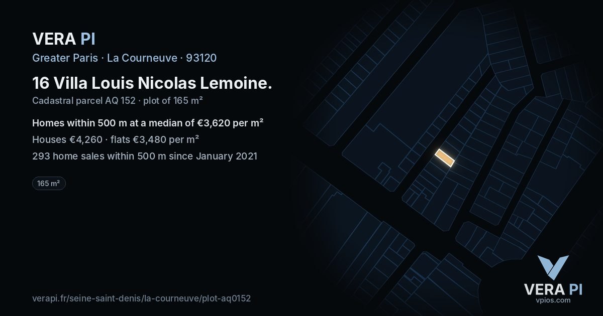 16 Villa Louis Nicolas Lemoine, La Courneuve at night – the plot lit, the parcels around coloured by the prices near them