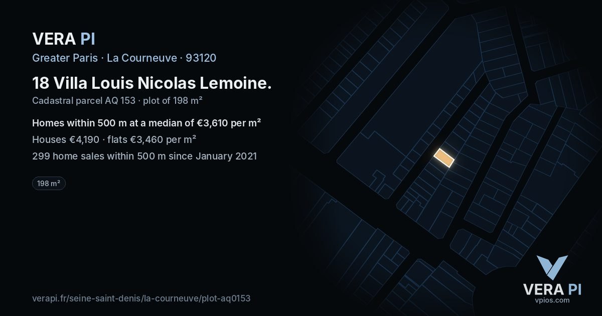 18 Villa Louis Nicolas Lemoine, La Courneuve at night – the plot lit, the parcels around coloured by the prices near them