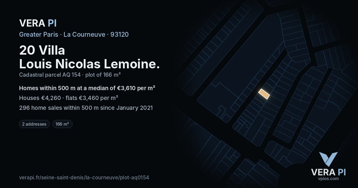20 Villa Louis Nicolas Lemoine, La Courneuve at night – the plot lit, the parcels around coloured by the prices near them