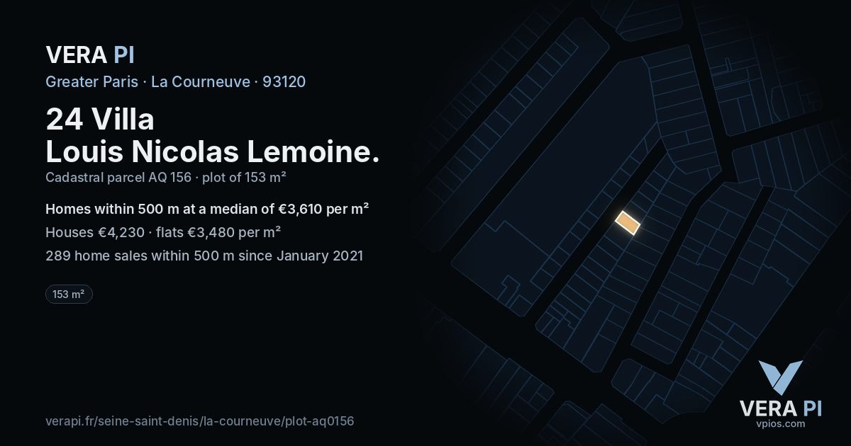 24 Villa Louis Nicolas Lemoine, La Courneuve at night – the plot lit, the parcels around coloured by the prices near them