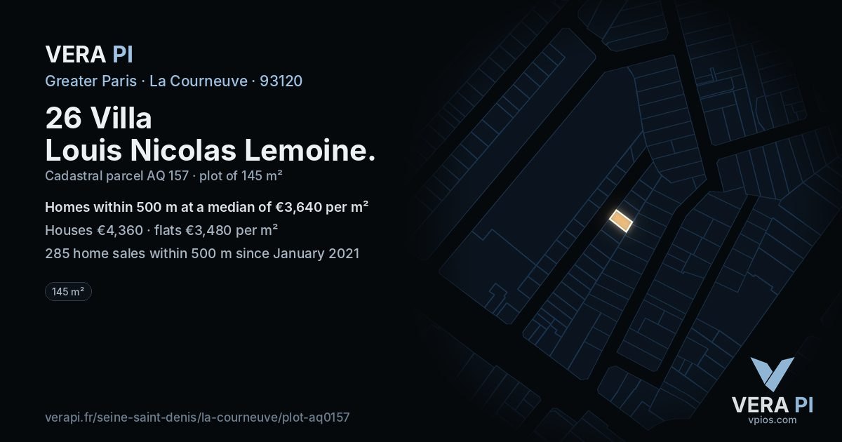 26 Villa Louis Nicolas Lemoine, La Courneuve at night – the plot lit, the parcels around coloured by the prices near them