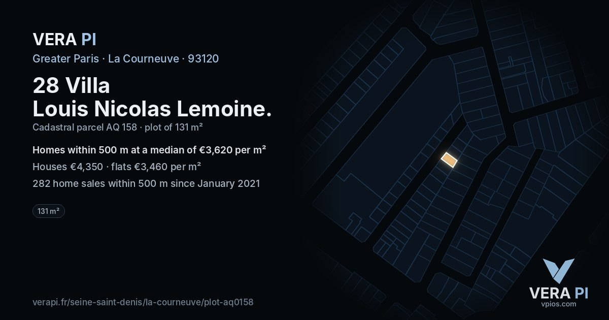 28 Villa Louis Nicolas Lemoine, La Courneuve at night – the plot lit, the parcels around coloured by the prices near them