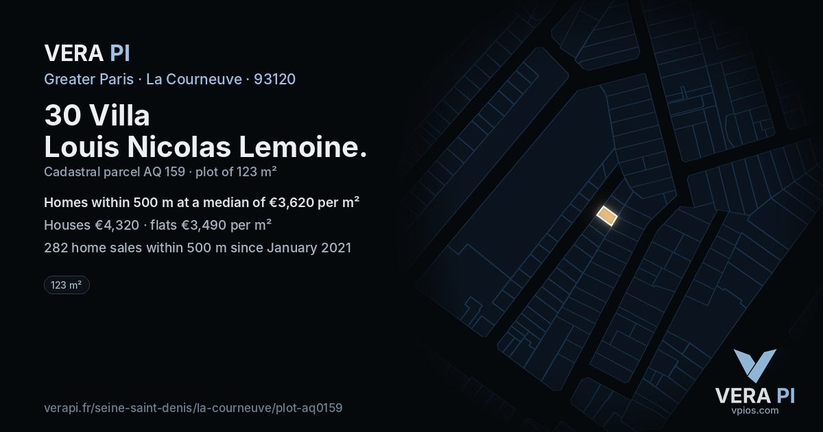 30 Villa Louis Nicolas Lemoine, La Courneuve at night – the plot lit, the parcels around coloured by the prices near them